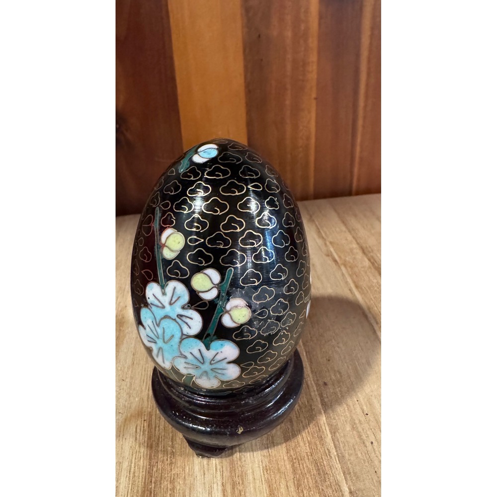 Vintage Cloisonne Egg Black Floral Display Stand Ornate Decorative Art Y1.2 - Picture 6 of 9